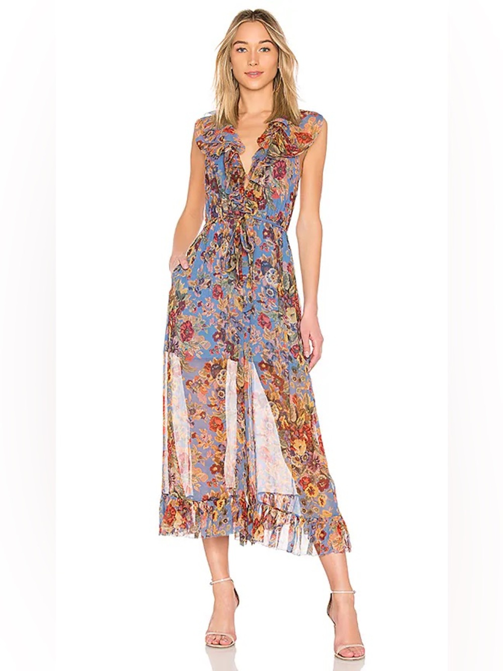 ZIMMERMANN Lovelorn Frill Silk Jumpsuit Blue Floral Size 1/ US 6- SMALL FLAW